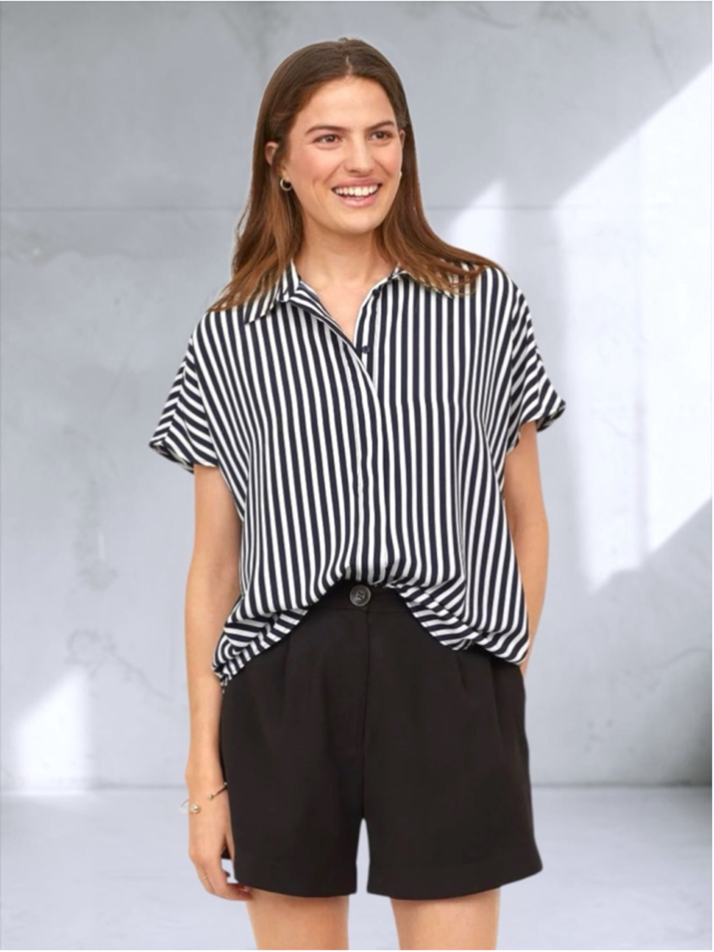 H&M White & Black Striped Button-Up Blouse – Women’s Size M